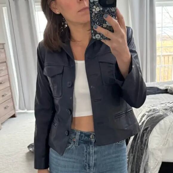 Zadig & Voltaire Blue Real Leather Jacket MEDIUM Cropped Lambskin Designer $800 - Picture 6 of 14